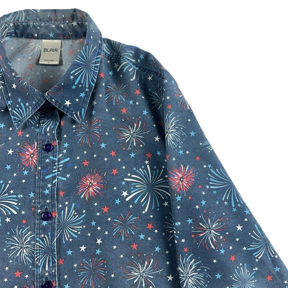 Blair Button Up Shirt Women Large Blue Fireworks Patriotic 3/4 Sleeve Top - Picture 3 of 11
